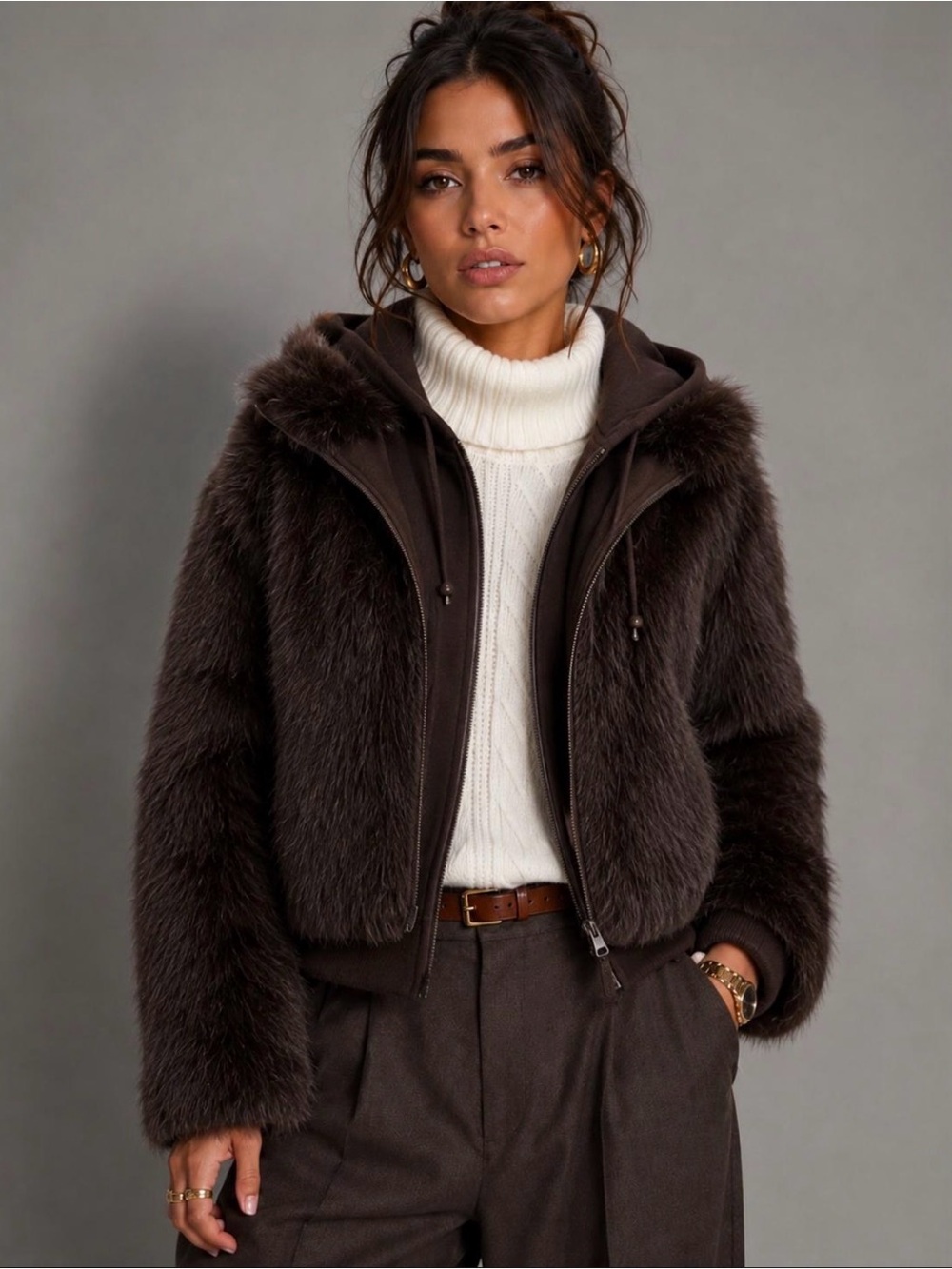 Faux Fur Hooded Zip Jacket - Womens